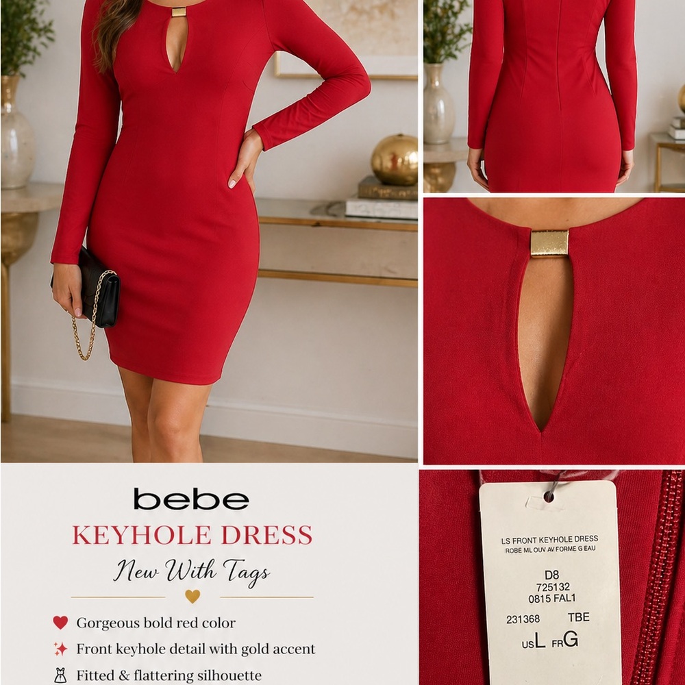 bebe Red Long Sleeve Keyhole Dress Women’s Size Large NWT $129 Retail